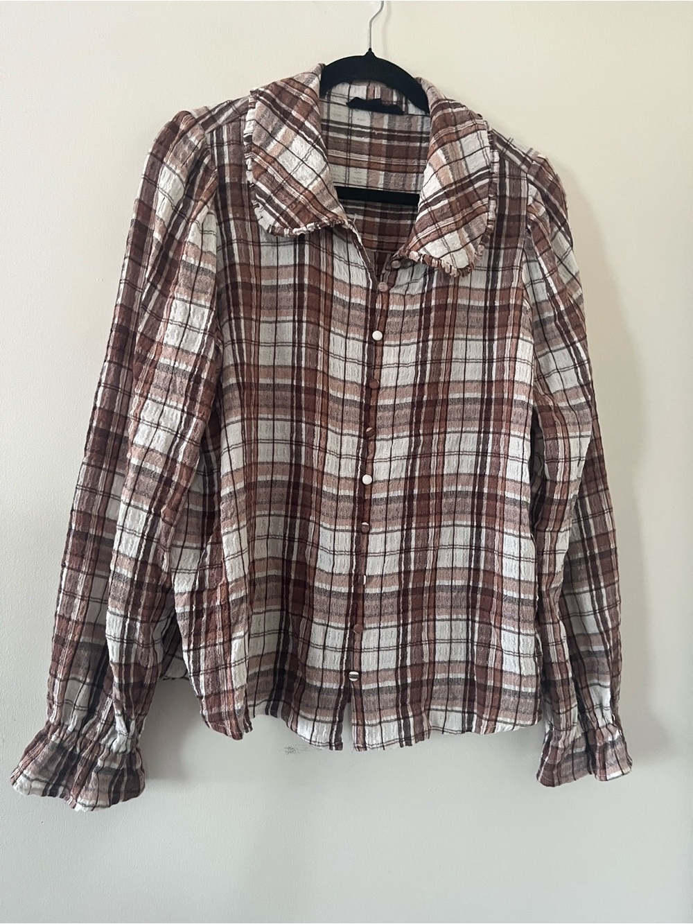 Jane + Delancey Brown Plaid Ruffle Button Up Top Large Rustic Fall Western